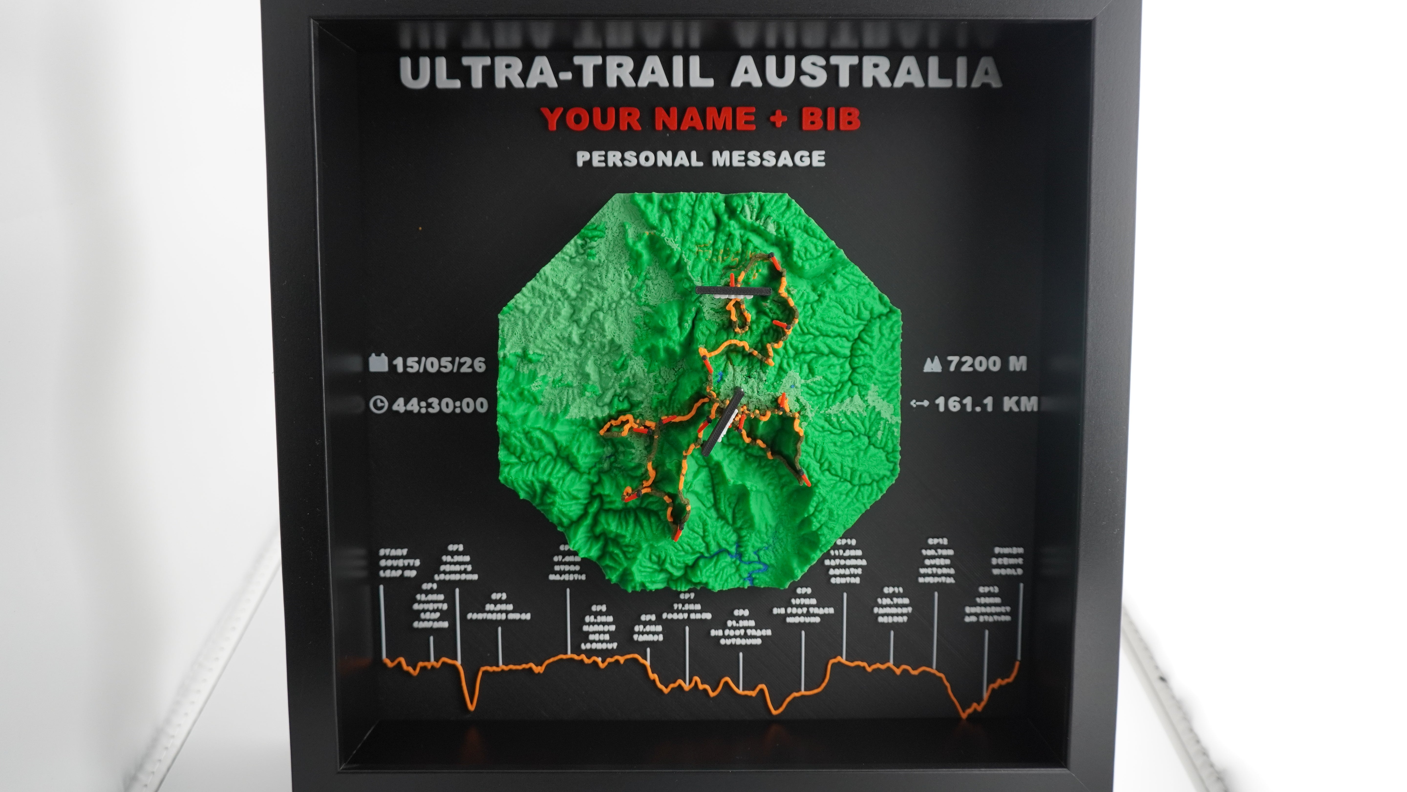 Track3D UTA Special Edition 3D terrain display showing the Ultra-Trail Australia course, checkpoints and elevation profile.