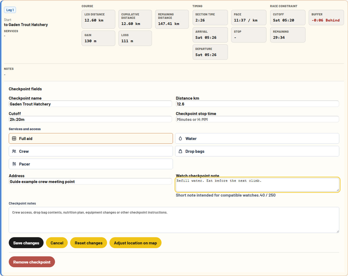 Track3D Race Planner checkpoint editor with race-day checkpoint details and notes.